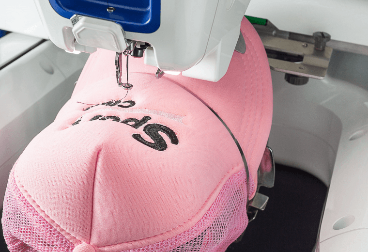 Close-up embroidery branding on fabric
